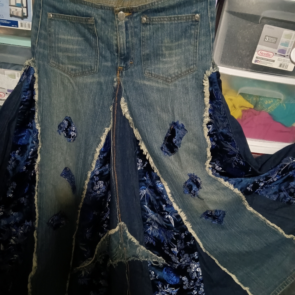 Handmade pieced denim and brocade Bohemian skirt